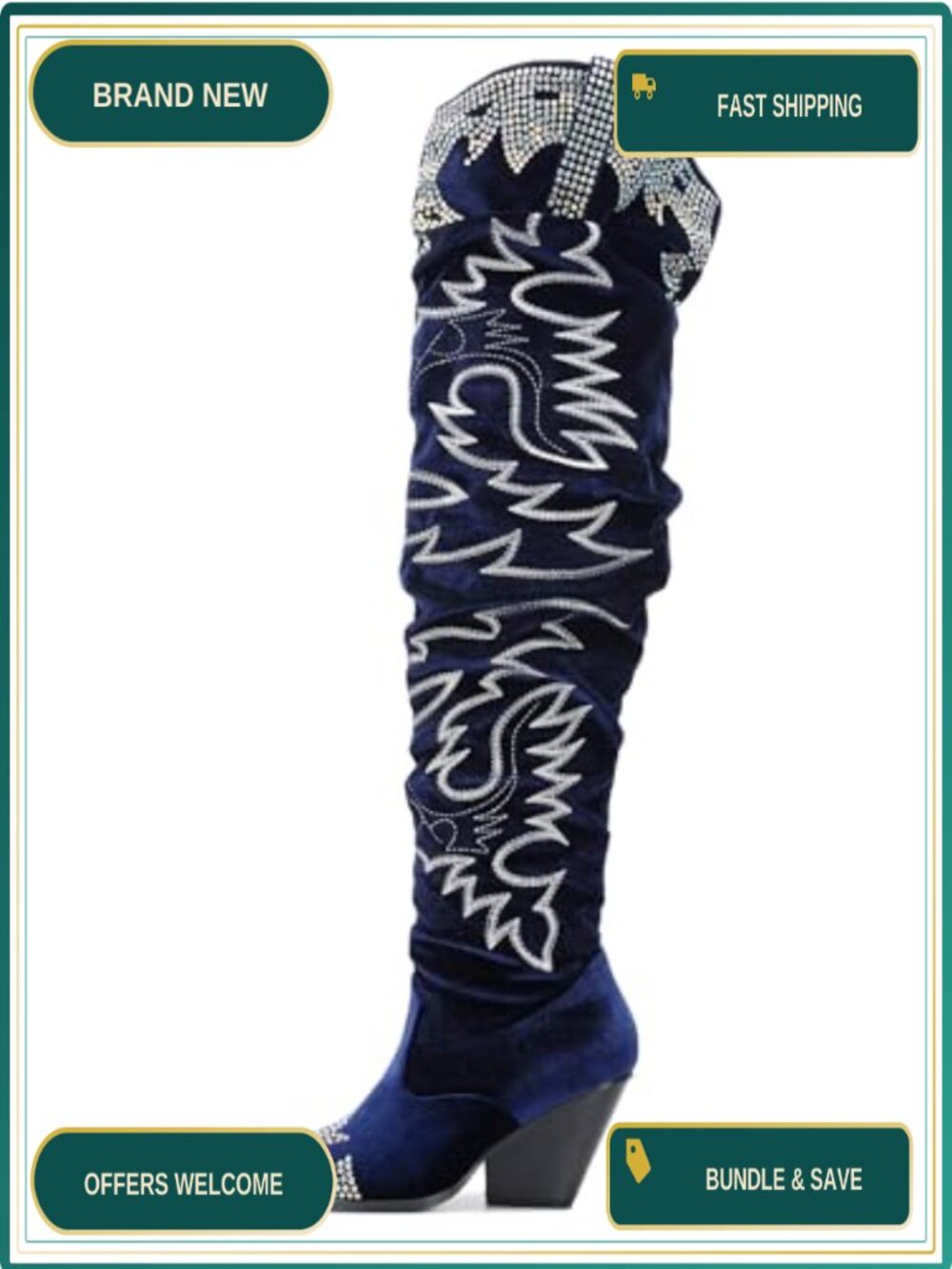 Rhinestone Embroidered Thigh High Slouchy Velvet Pull On Over the Knee Boots